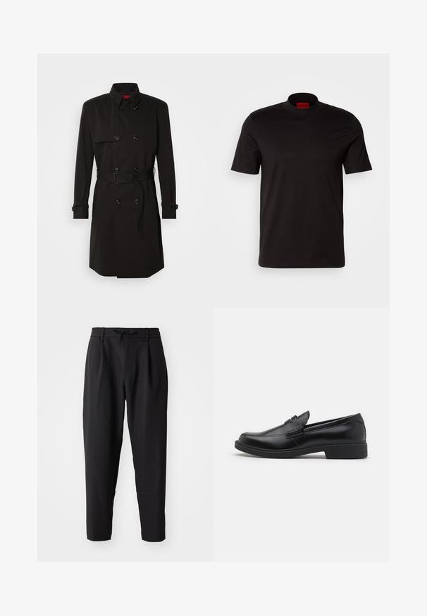 Black trench coat featuring a double-breasted design, large buttons, a belted waist, and a high collar. Smooth fabric with a matte finish.; Black short-sleeve t-shirt with a high neck design. Made from smooth fabric. Features a red brand label on the inside collar.; Black tapered trousers with an elastic waistband and drawstring. Smooth fabric with a lightweight texture, featuring pleats and side pockets.; Black leather loafers with a rounded toe, raised stitching detail on the vamp, and a flat rubber sole. Smooth texture, classic design.