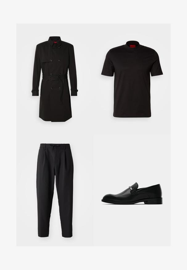 Černý trenčkot s dvouvrstvým designem, velkými knoflíky, páskem v pase a vysokým límcem. Hladká tkanina s matným povrchem.; Černé tričko s krátkým rukávem a vysokým límečkem. Vyrobeno z hladkého materiálu. Na vnitřní straně límce se nachází červená brandová etiketa.; Černé zúžené kalhoty s elastickým pasem a šnůrkou. Hladká tkanina s lehkou strukturou, obsahující pleaty a boční kapsy.; Černé kožené pánské mokasíny s detailem kovové spony, s nízkým podpatkem a s logem na podrážce, zobrazené z boku na bílém pozadí.