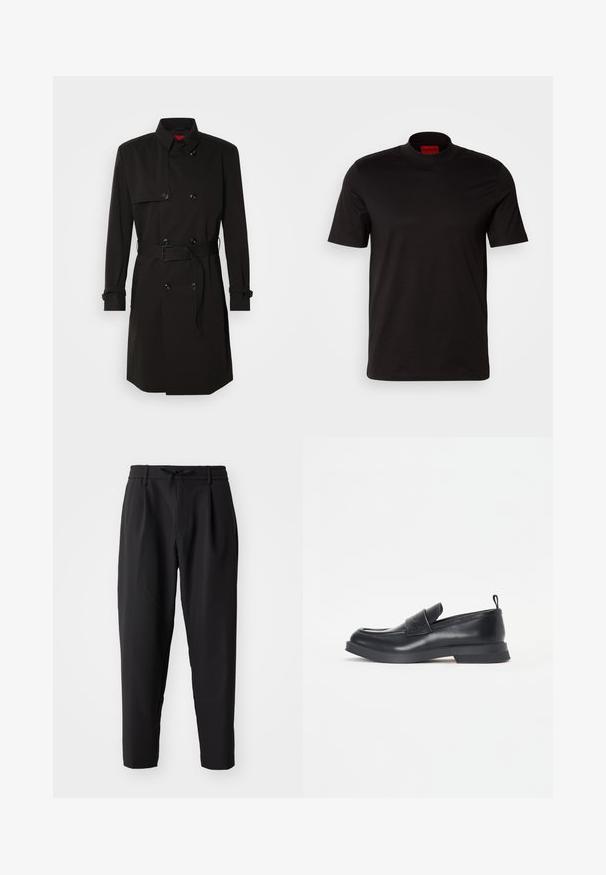 Black trench coat featuring a double-breasted design, large buttons, a belted waist, and a high collar. Smooth fabric with a matte finish.; Black short-sleeve t-shirt with a high neck design. Made from smooth fabric. Features a red brand label on the inside collar.; Black tapered trousers with an elastic waistband and drawstring. Smooth fabric with a lightweight texture, featuring pleats and side pockets.; Black leather loafers with a rounded toe, front strap detail, and a low rubber sole. Features subtle stitching and a rear pull tab.