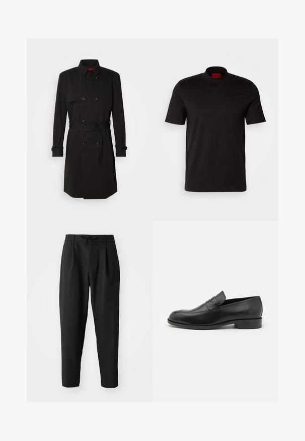 Fekete trench kabát, dupla gombos dizájnnal, nagy gombokkal, övvel ellátott derékkal és magas gallérral. Simább anyag, matt felülettel.; Fekete, rövid ujjú póló, magas nyakkivágással. Simább anyagból készült. Belső gallérján piros márkajelzés található.; Fekete, szűkített szárú nadrág, rugalmas derékkal és húzózsinórral. Simára kidolgozott, könnyű anyagból készült, plissékkel és oldalzsebekkel.; Fekete bőr loaferek, kerek orral és diszkrét varrási részletekkel. Simább textúrájúak, alacsony sarkúak, hátulján márkajelzéssel.