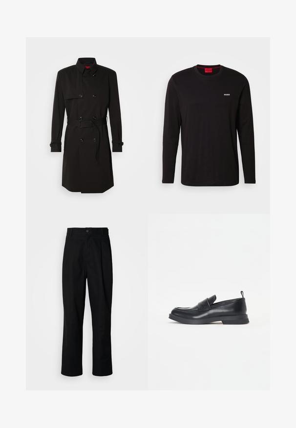 Black trench coat featuring a double-breasted design, large buttons, a belted waist, and a high collar. Smooth fabric with a matte finish.; Black long-sleeve t-shirt made of cotton, featuring a round neckline and a white "HUGO" logo on the chest. Smooth texture, casual fit.; Black straight-leg trousers with a buttoned waistband, belt loops, and front crease, displayed against a plain white background.; Black leather loafers with a rounded toe, front strap detail, and a low rubber sole. Features subtle stitching and a rear pull tab.