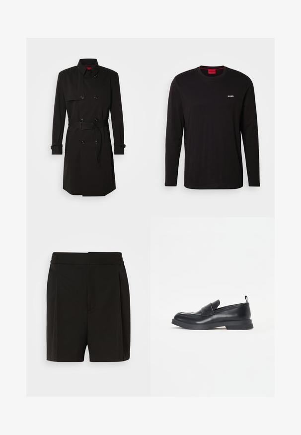 Mustat trench-takit, joissa on kaksirivinen malli, suuret napit, vyötärönauha ja korkea kaulus. Sileä kangas matta pinnalla.; Mustapaita, jossa on pitkät hihat ja pyöreä kaula-aukko, valmistettu puuvillasta. Rinnassa valkoinen "HUGO" -logo. Sileä materiaali, rento malli.; Mustat shortsit, jotka on valmistettu sileästä kankaasta. Niissä on röyhelömäinen etuosa ja joustava vyötärö. Suorat lahkeet antavat rennon istuvuuden.; Mustat nahkaisten loafereiden, joissa on pyöreä kärki, etu hihnalausunto ja matala kumipohja. Ominaisuuksiin kuuluu hillitty ommel ja takapuolella vetokahva.