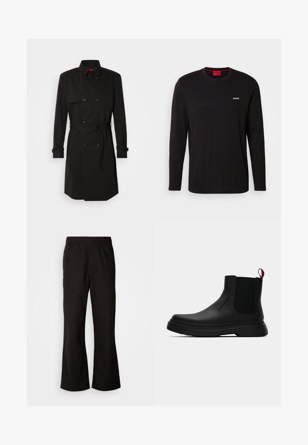 Černý trenčkot s dvouvrstvým designem, velkými knoflíky, páskem v pase a vysokým límcem. Hladká tkanina s matným povrchem.; Černé dlouhé rukávy tričko vyrobené z bavlny, s kulatým výstřihem a bílým logem "HUGO" na hrudi. Hladká textura, volný střih.; Černé kalhoty s elastickým pasem a rozšířeným střihem, vyrobené z hladké bavlněné látky. Mají jednoduchý design a rovné nohavice.; Černé kotníkové boty s hladkým povrchem, elastickými bočními panely a kontrastním červeným poutkem, s tlustou gumovou podrážkou a zaoblenou špičkou.