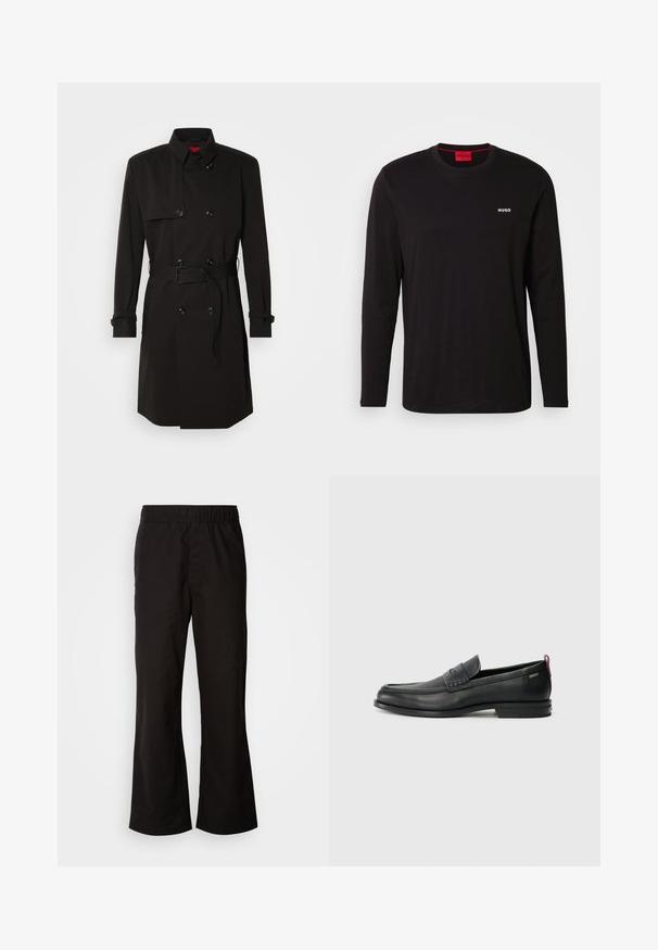 Crni trench kaput s dvostrukim kopčanjem, velikim gumbima, remenom u struku i visokim ovratnikom. Glatka tkanina s mat završetkom.; Crna majica dugih rukava od pamuka, s okruglim izrezom i bijelim "HUGO" logom na prsima. Glatka tekstura, ležeran kroj.; Crne hlače s elastičnim pojasom i proširenim oblikom, izrađene od glatke pamuk tkanine. Ima jednostavan dizajn i ravne otvorene nogavice.; Crne kožne loafere s teksturiranim prednjim panelom i glatkim stranama. Imaju uski petu i stražnju petlju za lakše obuvanje. Klasičan dizajn.