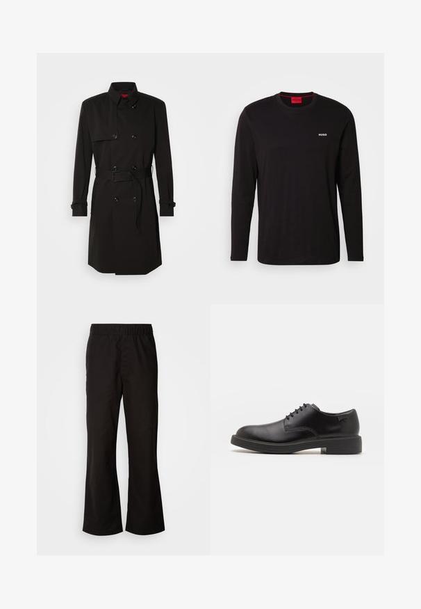 Juodas ilgas paltas su dvigubu užsegimu, didelėmis sagomis, diržu ties juosmeniu ir aukštu apykakle. Lygi medžiaga su matinio paviršiaus apdaila.; Juodas ilgomis rankovėmis medvilninis marškinėlis, turintis apvalų iškirpimą ir baltą "HUGO" logotipą ant krūtinės. Lygus paviršius, laisva silueto forma.; Juodi elastingi kelniai su išplėstu siluetu, pagaminti iš lygaus medvilnės audinio. Pasižymi paprastu dizainu ir tiesiomis apdailomis.; Juodas odinis batų modelis su raišteliais, apvaliu nosiu, lygiu paviršiumi, minimaliai siuvinėjimu ir žemu guminėmis pakulne. Ant pakulnės šalia logo.