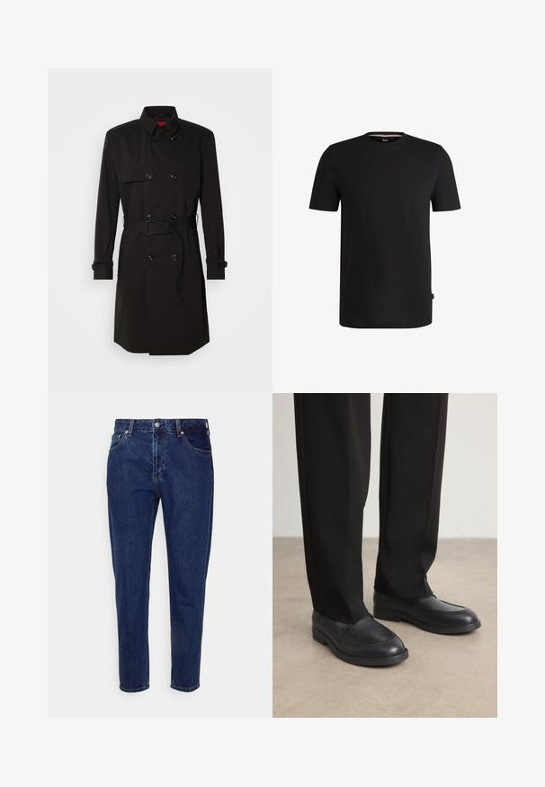 Crni trench kaput s dvostrukim kopčanjem, velikim gumbima, remenom u struku i visokim ovratnikom. Glatka tkanina s mat završetkom.; Crna kratka majica s kratkim rukavima od glatkog pamuka s okruglim izrezom. Ima diskretnu oznaku brenda s lijeve strane blizu rubnog dijela.; Tamno plave traperice s ravnim nogavicama, pet džepova i dugmetom za zatvaranje. Imaju blago istrošen izgled i detalje sa šavovima.; Calvin Klein Obuća za navlačenje - black
