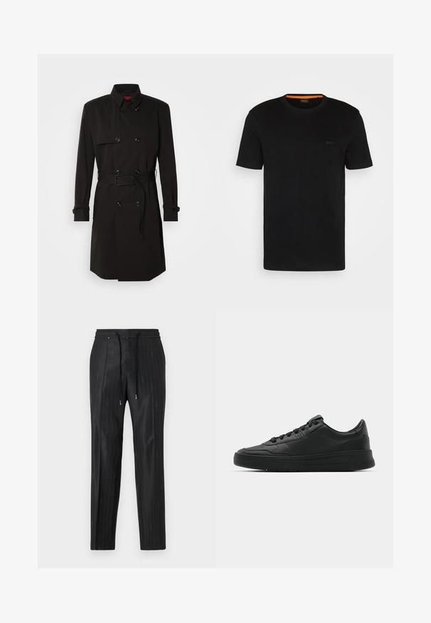Black trench coat featuring a double-breasted design, large buttons, a belted waist, and a high collar. Smooth fabric with a matte finish.; Black short-sleeve t-shirt made of soft fabric, featuring a round neckline and a subtle logo on the front. Inside collar has orange accent.; Black pinstriped trousers made of sleek fabric with a comfortable elastic waistband and drawstring accents. Features subtle logo detailing.; Black sneaker with smooth leather upper, round toe, flat laces, cushioned collar, and minimalistic design. Rubber sole with subtle tread pattern.