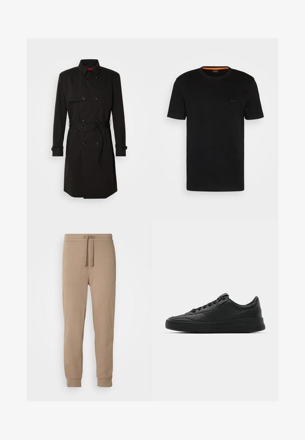 Czarny płaszcz typu trench z podwójnym zapięciem, dużymi guzikami, paskiem w talii oraz wysokim kołnierzem. Gładki materiał o matowym wykończeniu.; Czarny krótki t-shirt wykonany z miękkiego materiału, z okrągłym dekoltem i subtelnym logo z przodu. Wewnątrz kołnierzyka znajduje się pomarańczowy akcent.; Beżowe bawełniane dresy z elastycznym pasem, sznurkiem, bocznymi kieszeniami i ściągaczami na nogawkach, charakteryzujące się gładką fakturą i zwężanym krojem.; Czarny sneakers z gładkiej skórzanej cholewce, okrągłym nosku, płaskimi sznurówkami, wyściółką kołnierza i minimalistycznym designie. Gumowa podeszwa z delikatnym wzorem bieżnika.