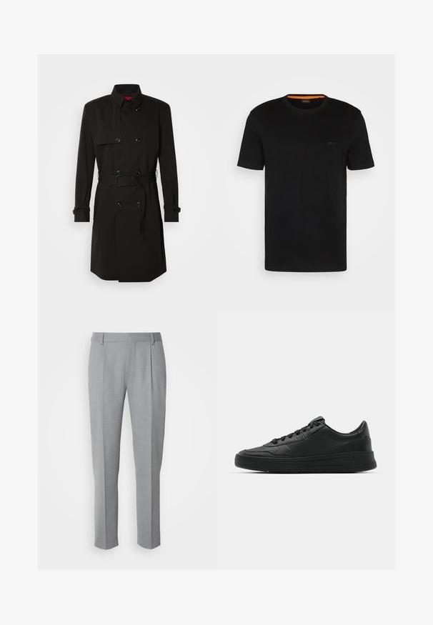 Black trench coat featuring a double-breasted design, large buttons, a belted waist, and a high collar. Smooth fabric with a matte finish.; Black short-sleeve t-shirt made of soft fabric, featuring a round neckline and a subtle logo on the front. Inside collar has orange accent.; Gray tailored trousers with a smooth texture, featuring a flat front, straight legs, and subtle pleats for added detail.; Black sneaker with smooth leather upper, round toe, flat laces, cushioned collar, and minimalistic design. Rubber sole with subtle tread pattern.