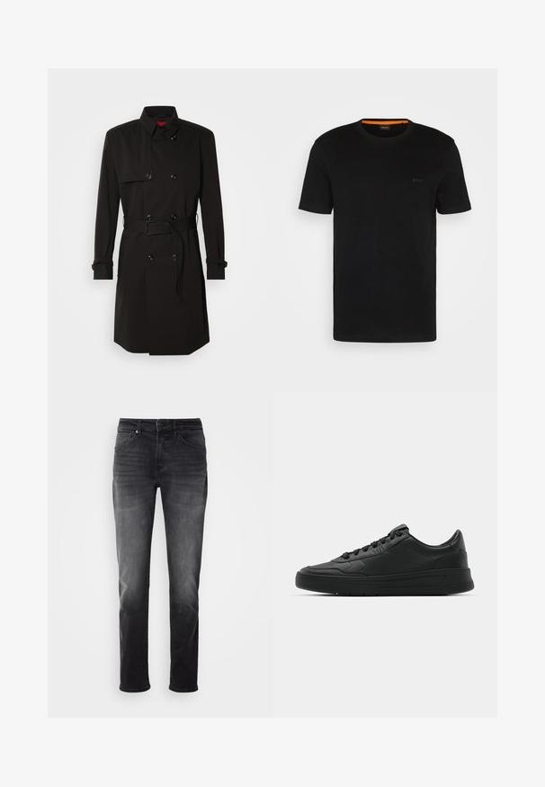 Črni plašč s dvojno zadrgo, velikimi gumbi, pasom in visokim ovratnikom. Gladek material z mat površino.; Črna kratkotrajna majica s kratkimi rokavi iz mehkega blaga, z okroglim izrezom in subtilnim logotipom na sprednji strani. V notranjem ovratniku je oranžni poudarek.; Črne kavbojke iz denima s ravnim krojem. Imajo gumb in zadrgo, pet žepov ter rahlo zbledelost na materialu.; Črne superge z gladkim usnjenim zgornjim delom, okroglo konico, ravnimi vezalkami, oblazinjeno ovratnikom in minimalističnim dizajnom. Gumijast podplat z diskretnim profilom.