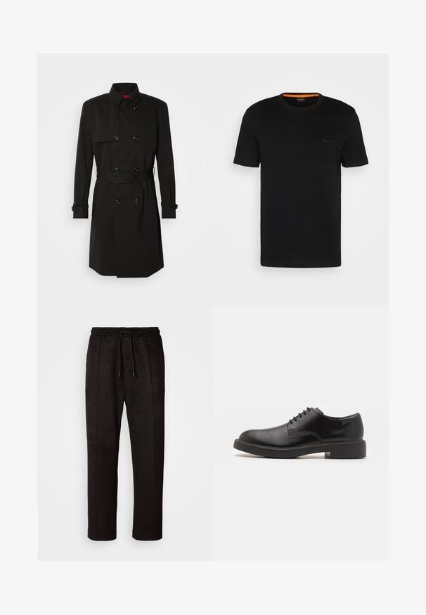 Juodas ilgas paltas su dvigubu užsegimu, didelėmis sagomis, diržu ties juosmeniu ir aukštu apykakle. Lygi medžiaga su matinio paviršiaus apdaila.; Juodas trumpas rankovėmis marškinėliai, pagaminti iš minkštos medžiagos, su apvalia iškirpte ir subtilia logotipu priekyje. Vidinė apykaklė turi oranžinį akcentą.; Juodos bėgimo kelnės, pagamintos iš švelnaus nubuko tipo medžiagos, su elastinga juosmens juosta ir raišteliu, turinčios šoninių siūlių detales ir laisvą siluetą.; Juodas odinis batų modelis su raišteliais, apvaliu nosiu, lygiu paviršiumi, minimaliai siuvinėjimu ir žemu guminėmis pakulne. Ant pakulnės šalia logo.