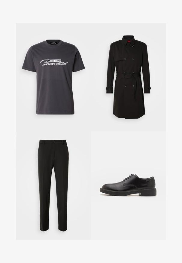 Palton negru cu un design cu dublu rând, butoane mari, talie cu curea și guler înalt. Material neted cu o finisare mată.; Tricou gri din bumbac cu guler rotund, având un imprimeu grafic alb care include cuvintele "CITY SUMMER Paradise" într-un font stilizat.; Pantaloni negri dintr-un material neted, cu picioare drepte, închidere cu nasture și un design clasic, potriviți atât pentru ocazii formale, cât și pentru cele casual.; Pantofii din piele neagră, cu șireturi, au vârful rotunjit, o textură netedă, cusături minime și un toc de cauciuc scăzut. Logo pe toc.