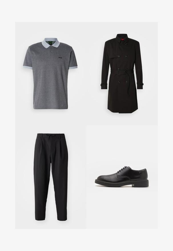 Čierny trenčkot s dvojradovým dizajnom, veľkými gombíkmi, opaskom v páse a vysokým golierom. Hladká tkanina s matným povrchom.; Sivý polokošeľa s vzorovanou textúrou, svetlomodrým golierom a manžetami na rukávoch. Obsahuje gombíkovú légou a vyšité logo na ľavej hrudi.; Čierne zúžené nohavice s elastickým pásom a šnúrkou. Hladká látka s ľahkou textúrou, s plisovaním a postrannými vreckami.; Čierne kožené šnurovacie topánky s okrúhlou špičkou, hladkým povrchom, minimálnym prešívaním a nízkym gumovým podpätkom. Logo na podpätku.