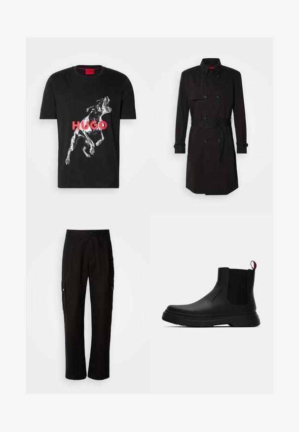 Mustade trench-takid, millel on kahekordselt nööbitud disain, suured nööbid, vööl olev rihm ja kõrge krae. Sile kangas matta viimistlusega.; Must musta T-särk musta värviga, millel on valge graafika koerast, kes on keset haukamist, ja sõna "HUGO" rasvaste punaste tähtedega ees.; Mustad mustadeks rõivasteks mõeldud puuvillased püksid, millel on lõdva istuvuse disain, küljetaskud, nööbiga sulgemine ja sirged sääred. Lihtne disain ilma mustriteta.; Mustad musta värvi ankle boot, millel on sile viimistlus, elastsed külgpaneelid ja kontrastne punane tõmbetaba. Saapadel on paks kummist tald ja ümar varvas.