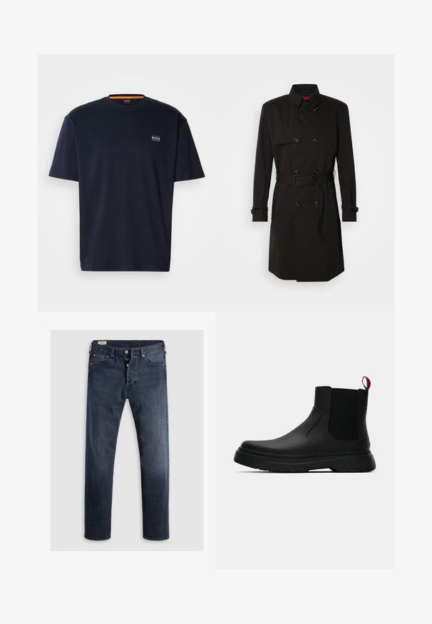 Mustat trench-takit, joissa on kaksirivinen malli, suuret napit, vyötärönauha ja korkea kaulus. Sileä kangas matta pinnalla.; Laivansinisestä puuvillasta valmistettu t-paita, jossa on pyöreä kaula-aukko. Rinnassa pieni logo ja kaula-aukossa kontrastoiva oranssi yksityiskohta. Lyhyet hihat.; Tummansininen farkkushortsit, joissa on suora leikkaus. Varustettu vetoketjulla, metallinapeilla ja kuparirautalangalla. Hienostunut pinta, ei näkyviä kuvioita.; Musta nilkkuri, jossa on sileä pinta, elastiset sivupaneelit ja erottuva punainen vetonauha, paksu kumipohja ja pyöristetty varvas.