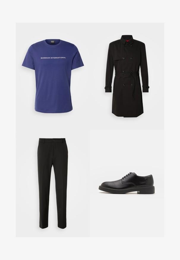 Black trench coat featuring a double-breasted design, large buttons, a belted waist, and a high collar. Smooth fabric with a matte finish.; Navy blue cotton t-shirt with short sleeves and a crew neckline, featuring white text "BARBOUR INTERNATIONAL" across the chest.; Black trousers made of smooth fabric, featuring straight legs, a button closure, and a classic design suitable for formal or casual wear.; Black leather lace-up shoe with a rounded toe, smooth texture, minimal stitching, and a low rubber heel. Logo on the heel.