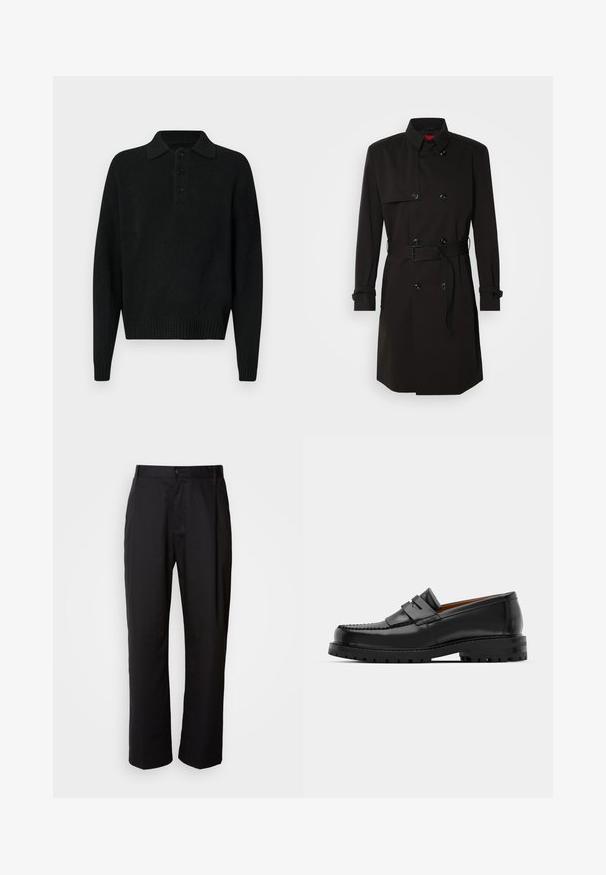 Schwarzer Trenchcoat mit einem doppelt knöpfbaren Design, großen Knöpfen, einem taillierten Gürtel und einem hohen Kragen. Glattes Material mit matter Oberfläche.; Schwarzer langer Strickpullover mit Kragen und drei Knöpfen auf der Brust, gerippte Bündchen und Saum, auf einem weißen Hintergrund präsentiert.; Schwarze Hosen mit geradem Schnitt, aus leichtem Stoff gefertigt. Verfügt über einen vorderen Knopfverschluss und zwei seitliche Taschen; glatte Textur.; Schwarze Lederloafer verfügen über eine erhöhte Naht, zwei dekorative Riemen im oberen Bereich und eine dicke, strukturierte Sohle für zusätzlichen Halt.