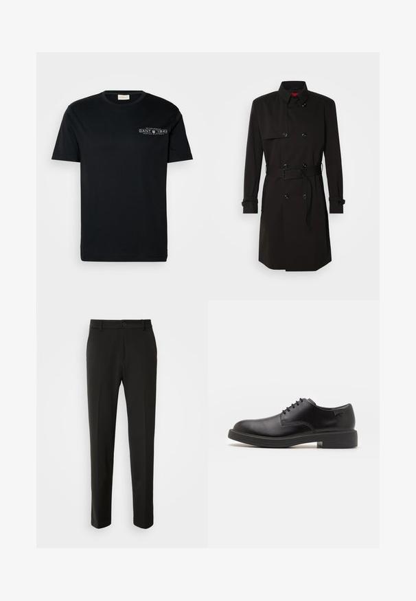 Črni plašč s dvojno zadrgo, velikimi gumbi, pasom in visokim ovratnikom. Gladek material z mat površino.; Črna bombažna majica s kratkimi rokavi, okroglim izrezom in majhnim belim grafičnim besedilom na levem prsnem delu. Enostaven, običajen kroj.; Črne hlače iz gladkega materiala, s straight nogavicami, z gumbom za zapiranje in klasičnim dizajnom, primerne za formalne ali sproščene priložnosti.; Črne usnjene čipkaste čevlje z zaobljenim nosom, gladko teksturo, minimalnim šitjem in nizkim gumijastim peto. Logo na peti.