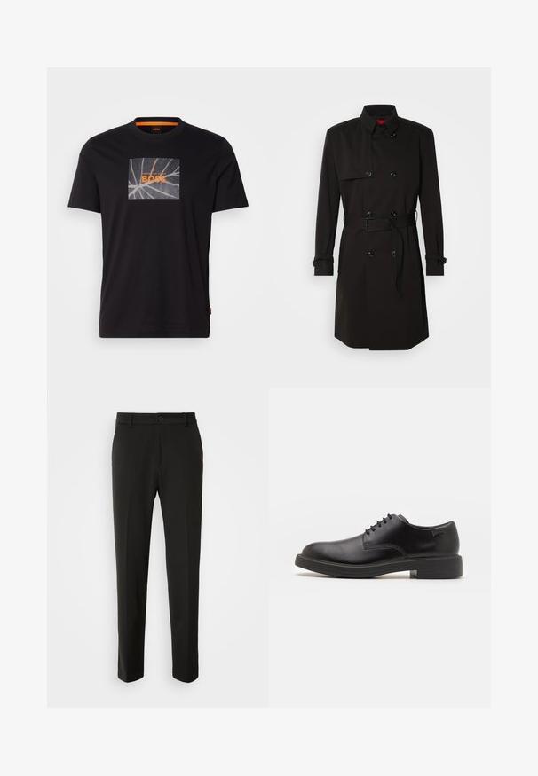 Sort trenchcoat med dobbeltrækkerdesign, store knapper, beltestrop i taljen og høj krave. Glat stof med mat finish.; Sort bomulds t-shirt med et firkantet grafisk motiv af et bladdesign og teksten "BOSS" i orange. Rund hals, korte ærmer, enkel skæring.; Sorte bukser lavet af glat stof, med lige ben, en knaplukning og et klassisk design, der er velegnet til både formelt og uformelt brug.; Sorte læder snørestøvle med rund tå, glat tekstur, minimal syning og lav gummihæl. Logo på hælen.