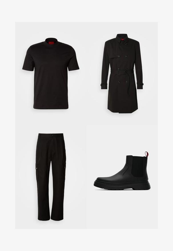Juodas ilgas paltas su dvigubu užsegimu, didelėmis sagomis, diržu ties juosmeniu ir aukštu apykakle. Lygi medžiaga su matinio paviršiaus apdaila.; Juoda trumpomis rankovėmis marškinėliai su aukštu kaklu. Pagaminti iš lygaus audinio. Vidiniame apykaklėje yra raudonas prekės ženklo etiketė.; Juodos krovinių kelnės, pagamintos iš medvilnės, laisvo kirpimo, su šoninėmis kišenėmis, mygtuko uždarymu ir tiesiomis kojomis. Paprastas dizainas, be raštų.; Juodas kulkšninis batas su lygiu paviršiumi, elastiniais šonų intarpais ir kontrastingu raudonu kilimėliu, turintis storą guminį pado ir apvalią nosį.