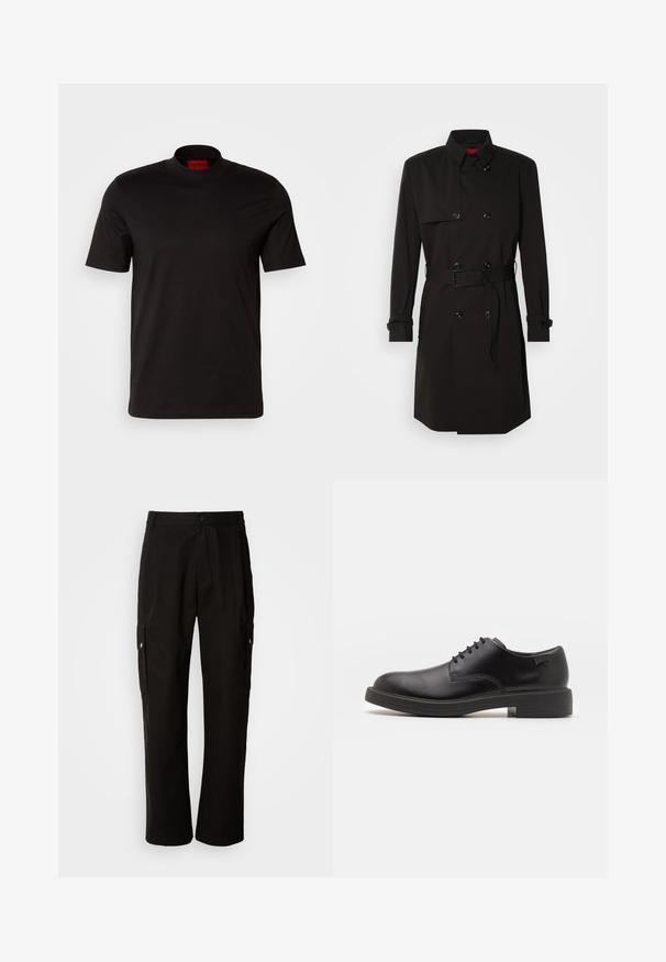 Fekete trench kabát, dupla gombos dizájnnal, nagy gombokkal, övvel ellátott derékkal és magas gallérral. Simább anyag, matt felülettel.; Fekete, rövid ujjú póló, magas nyakkivágással. Simább anyagból készült. Belső gallérján piros márkajelzés található.; Fekete vászont nadrág laza szabással, oldalsó zsebekkel, gombos záródással és egyenes lábakkal. Egyszerű minta nélküli design.; Fekete bőrcipő, kerek orrú, sima felületű, minimális varrással és alacsony gumitalppal. Logó a sarokrészen.