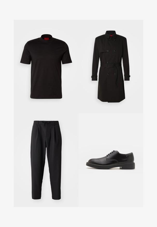 Mustade trench-takid, millel on kahekordselt nööbitud disain, suured nööbid, vööl olev rihm ja kõrge krae. Sile kangas matta viimistlusega.; Must t-särk lühikeste varrukatega, kõrge kaelusega. Valmistatud siledast kangast. Sisekaeluses on punane brändi silt.; Mustad kitsad püksid elastse vöökohaga ja paelaga. Sile kangas kerge tekstuuriga, millel on voldid ja küljetaskud.; Must beemel levalis kingad ümarate varvastega, sileda pinnaga, minimaalsete õmblustega ja madala kummist kontsaga. Logo kontsa peal.