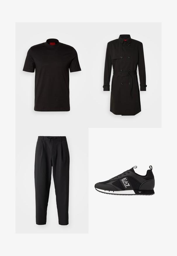 Fekete trench kabát, dupla gombos dizájnnal, nagy gombokkal, övvel ellátott derékkal és magas gallérral. Simább anyag, matt felülettel.; Fekete, rövid ujjú póló, magas nyakkivágással. Simább anyagból készült. Belső gallérján piros márkajelzés található.; Fekete, szűkített szárú nadrág, rugalmas derékkal és húzózsinórral. Simára kidolgozott, könnyű anyagból készült, plissékkel és oldalzsebekkel.; EA7 Emporio Armani Sportcipő - black/white
