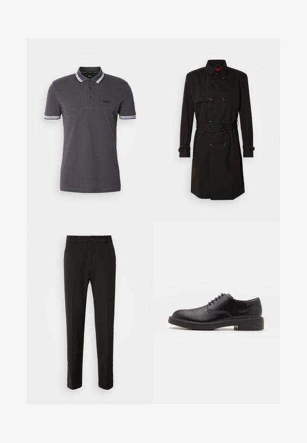 Juodas ilgas paltas su dvigubu užsegimu, didelėmis sagomis, diržu ties juosmeniu ir aukštu apykakle. Lygi medžiaga su matinio paviršiaus apdaila.; Tamsiai pilkas medvilninis polo marškinėliai, turintys dviem sagomis užtraukiamą apykaklę, kontrastingus baltus akcentus ant apykaklės ir rankovių, bei siuvinėtą logotipą.; Juodi kelnes, pagamintos iš lygaus audinio, su tiesiomis kojomis, mygtuko uždarymu ir klasikiniu dizainu, tinkamu tiek formaliai, tiek kasdienei aprangai.; Juodas odinis batų modelis su raišteliais, apvaliu nosiu, lygiu paviršiumi, minimaliai siuvinėjimu ir žemu guminėmis pakulne. Ant pakulnės šalia logo.