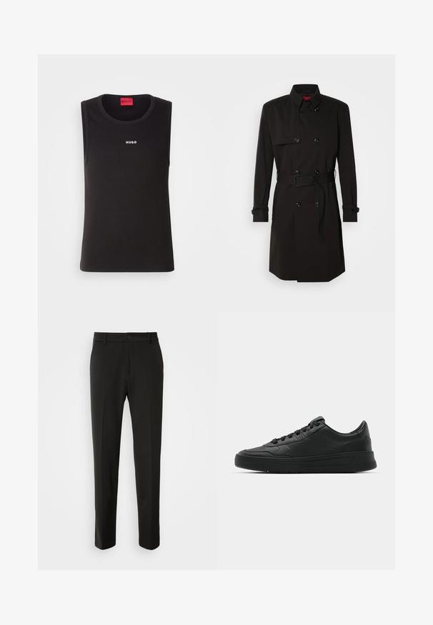 Cappotto lungo nero con design doppiopetto, grandi bottoni, vita con cintura e colletto alto. Tessuto liscio con finitura opaca.; Maglietta senza maniche nera realizzata in morbido cotone, con scollatura a girocollo e logo bianco "HUGO" sul davanti. Design semplice e aderente.; Pantaloni neri realizzati in tessuto liscio, con gamba dritta, chiusura con bottone e un design classico adatto per abbigliamento formale o casual.; Sneaker nera con tomaia in pelle liscia, punta rotonda, lacci piatti, collare imbottito e design minimalista. Suola in gomma con un delicato motivo a rilievo.