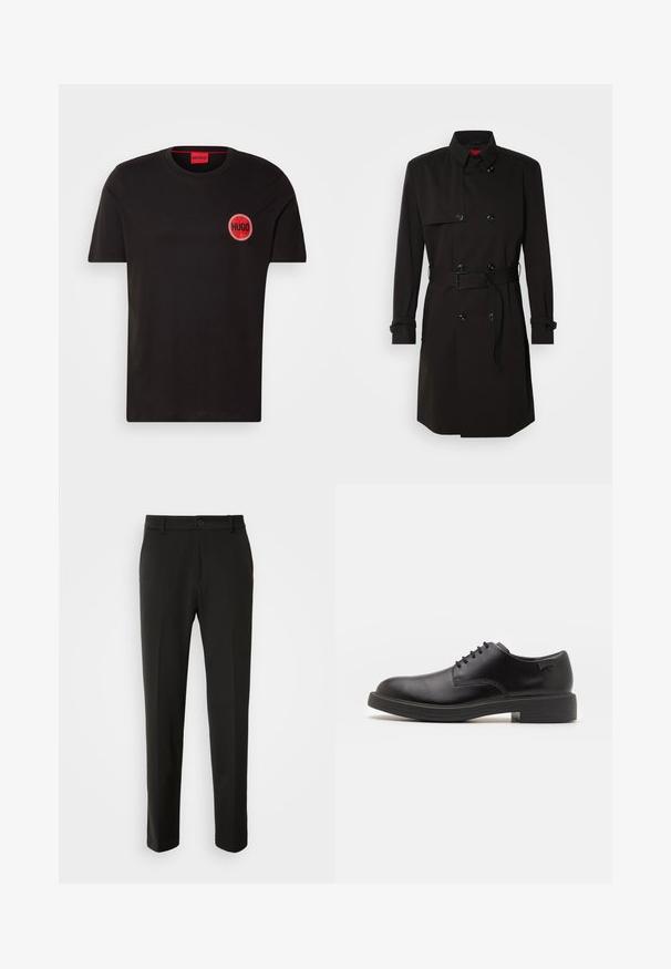 Sort trenchcoat med dobbeltrækkerdesign, store knapper, beltestrop i taljen og høj krave. Glat stof med mat finish.; Sort bomuld t-shirt med en rund rød logo, der har ordet "HUGO." Standard pasform, rund hals, korte ærmer, glat tekstur.; Sorte bukser lavet af glat stof, med lige ben, en knaplukning og et klassisk design, der er velegnet til både formelt og uformelt brug.; Sorte læder snørestøvle med rund tå, glat tekstur, minimal syning og lav gummihæl. Logo på hælen.