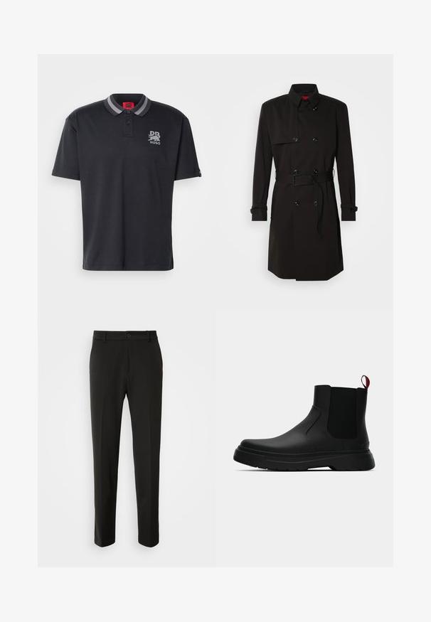 Cappotto lungo nero con design doppiopetto, grandi bottoni, vita con cintura e colletto alto. Tessuto liscio con finitura opaca.; Polo shirt nera con colletto a righe grigie e patta con due bottoni, logo "Hugo" sul petto. Maniche corte e tessuto dalla consistenza liscia.; Pantaloni neri realizzati in tessuto liscio, con gamba dritta, chiusura con bottone e un design classico adatto per abbigliamento formale o casual.; Stivale alla caviglia nero con finitura liscia, pannelli laterali elastici e un tab di presa rosso a contrasto, dotato di una suola in gomma spessa e punta arrotondata.