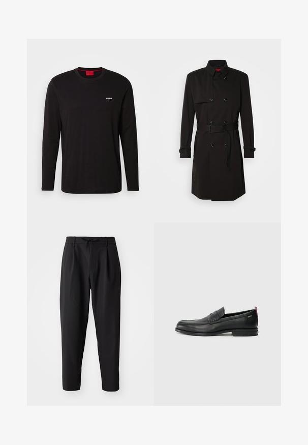 Black trench coat featuring a double-breasted design, large buttons, a belted waist, and a high collar. Smooth fabric with a matte finish.; Black long-sleeve t-shirt made of cotton, featuring a round neckline and a white "HUGO" logo on the chest. Smooth texture, casual fit.; Black tapered trousers with an elastic waistband and drawstring. Smooth fabric with a lightweight texture, featuring pleats and side pockets.; Black leather loafers with a textured front panel and smooth sides. Features a slim heel and rear loop for easy wear. Classic design.