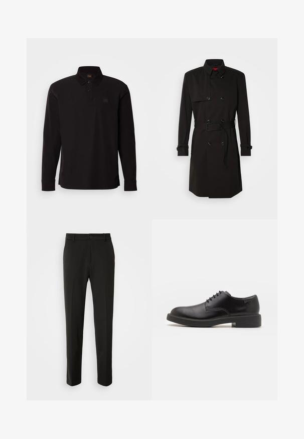 Mustat trench-takit, joissa on kaksirivinen malli, suuret napit, vyötärönauha ja korkea kaulus. Sileä kangas matta pinnalla.; Mustassa pitkähihaisessa poolopaidassa on puuvillaa, kaulus, nappilista ja pieni logopatch vasemmassa rinnassa.; Mustat housut, jotka on valmistettu sileästä kankaasta, suoriin lahkeisiin, nappikiinnitykseen ja klassiseen muotoiluun, sopivat muodollisiin tai vapaa-ajan asuihin.; Mustat nahkasaappaat, joissa on pyöreä kärki, sileä pinta, minimaalinen ommel ja matala kumipohja. Logo kannassa.