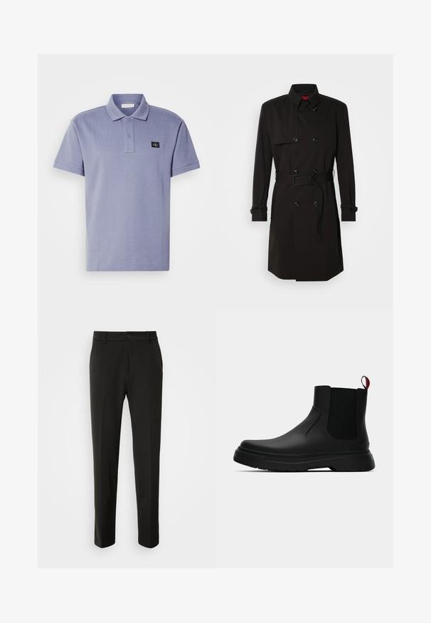 Černý trenčkot s dvouvrstvým designem, velkými knoflíky, páskem v pase a vysokým límcem. Hladká tkanina s matným povrchem.; Polo tričko ve světle fialové barvě, vyrobené z texturované tkaniny, s tříknoflíkovou légou a malou černou nášivkou na levé části hrudi.; Černé kalhoty vyrobené z hladkého materiálu, s rovnými nohavicemi, zapínáním na knoflík a klasickým designem vhodným pro formální i neformální nošení.; Černé kotníkové boty s hladkým povrchem, elastickými bočními panely a kontrastním červeným poutkem, s tlustou gumovou podrážkou a zaoblenou špičkou.
