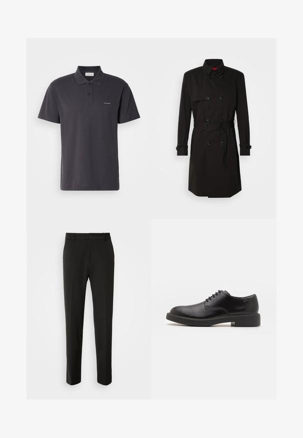 Melns tranšejas mētelis ar dubulto pogu dizainu, lielām pogām, jostu viduklī un augstu apkakli. Gluda auduma ar matētu apdari.; Tumši pelēks polo krekls, kas izgatavots no gludas auduma, ar apkakles dekoltē, divu pogu apdari un mazu izšūtu logo uz krūšu.; Melnas bikses no gludas auduma ar taisnām kājām, pogu aizdari un klasisku dizainu, kas piemērots gan formālai, gan ikdienišķai valkāšanai.; Melna āda sašūta kurpe ar noapaļotu purngalu, gludu tekstūru, minimālu šuvju skaitu un zemu gumijas papēdi. Logo uz papēža.