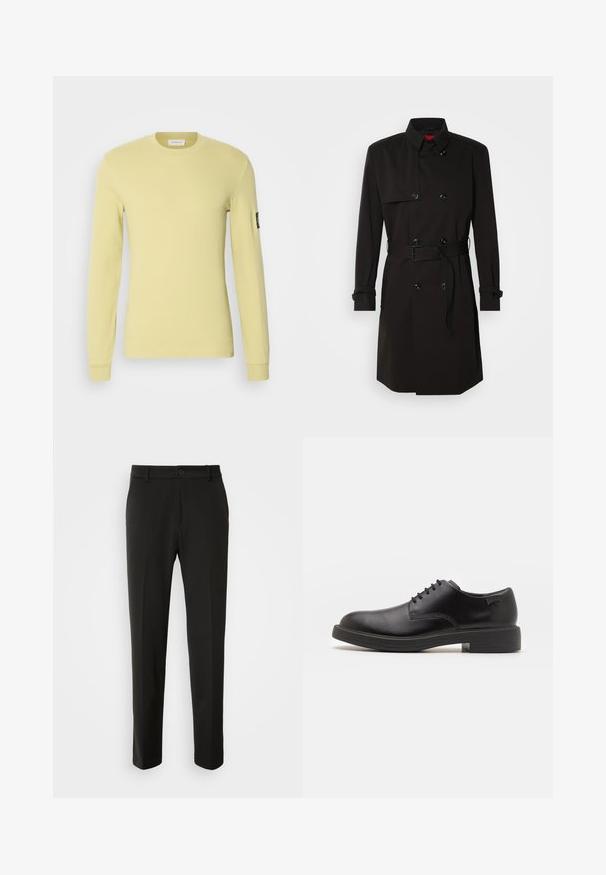 Juodas ilgas paltas su dvigubu užsegimu, didelėmis sagomis, diržu ties juosmeniu ir aukštu apykakle. Lygi medžiaga su matinio paviršiaus apdaila.; Ilgų rankovių marškinėliai šviesiai geltonos spalvos, pagaminti iš tekstūruoto audinio. Yra apvalus kaklas ir mažas emblema ant kairės rankovės.; Juodi kelnes, pagamintos iš lygaus audinio, su tiesiomis kojomis, mygtuko uždarymu ir klasikiniu dizainu, tinkamu tiek formaliai, tiek kasdienei aprangai.; Juodas odinis batų modelis su raišteliais, apvaliu nosiu, lygiu paviršiumi, minimaliai siuvinėjimu ir žemu guminėmis pakulne. Ant pakulnės šalia logo.
