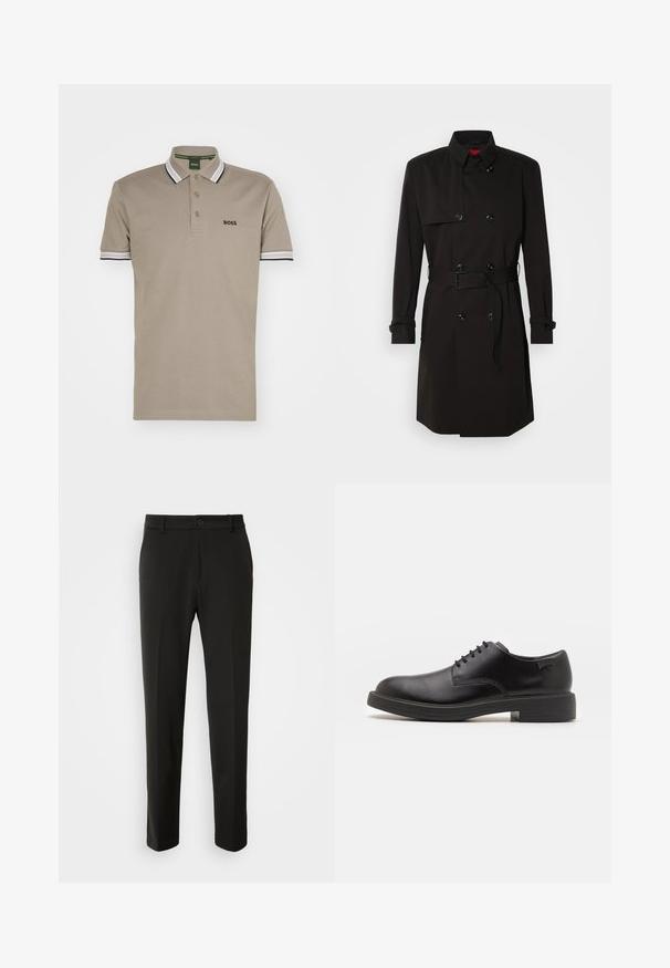 Juodas ilgas paltas su dvigubu užsegimu, didelėmis sagomis, diržu ties juosmeniu ir aukštu apykakle. Lygi medžiaga su matinio paviršiaus apdaila.; Bežinė polo marškinėliai, pagaminti iš medvilnės, su trimis mygtukais, siuvinėtu logotipu ir dryžuotais akcentais ant apykaklės ir rankovių.; Juodi kelnes, pagamintos iš lygaus audinio, su tiesiomis kojomis, mygtuko uždarymu ir klasikiniu dizainu, tinkamu tiek formaliai, tiek kasdienei aprangai.; Juodas odinis batų modelis su raišteliais, apvaliu nosiu, lygiu paviršiumi, minimaliai siuvinėjimu ir žemu guminėmis pakulne. Ant pakulnės šalia logo.