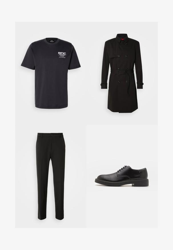 Crni trench kaput s dvostrukim kopčanjem, velikim gumbima, remenom u struku i visokim ovratnikom. Glatka tkanina s mat završetkom.; Crna pamučna majica s kratkim rukavima, okruglim izrezom i printom na prsima koji sadrži "mnc" i kontaktne podatke u bijeloj boji. Klasičan kroj.; Crni hlače od glatkog materijala, s ravnim nogavicama, zatvaranjem na dugme i klasičnim dizajnom prikladnim za formalne ili ležerne prilike.; Crne kožne cipele s vezanjem i zaobljenim vrhom, glatke teksture, minimalnim šavovima i niskim gumiranim potplatom. Logo se nalazi na peti.