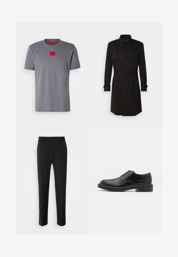 Black trench coat featuring a double-breasted design, large buttons, a belted waist, and a high collar. Smooth fabric with a matte finish.; Gray short-sleeve T-shirt made of cotton, featuring a small red rectangular logo with "HUGO" centered on the chest. Round neckline.; Black trousers made of smooth fabric, featuring straight legs, a button closure, and a classic design suitable for formal or casual wear.; Black leather lace-up shoe with a rounded toe, smooth texture, minimal stitching, and a low rubber heel. Logo on the heel.