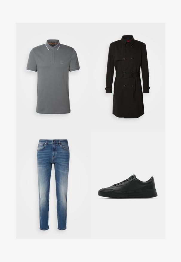 Palton negru cu un design cu dublu rând, butoane mari, talie cu curea și guler înalt. Material neted cu o finisare mată.; BOSS PASSERTIP - Bluză polo - dark grey; Jeanși din denim albastru cu un design drept, ușor decolorat, stil clasic cu cinci buzunare și fermoar cu închidere cu buton.; Nike sport cu partea superioară din piele netedă, vârf rotund, sireturi plate, guler căptușit și design minimalist. Talpă din cauciuc cu un model discret de profil.
