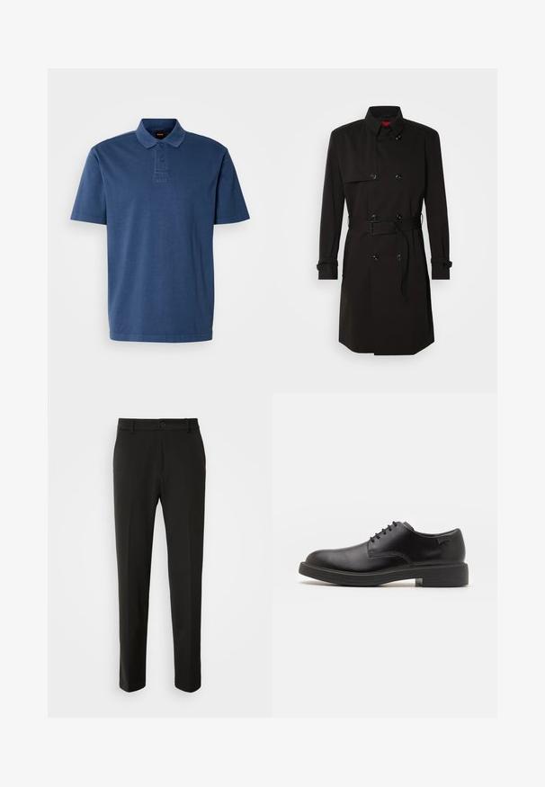 Čierny trenčkot s dvojradovým dizajnom, veľkými gombíkmi, opaskom v páse a vysokým golierom. Hladká tkanina s matným povrchom.; Námornícky modrá polokošeľa vyrobená z bavlny, s golierom, troj-knoflíkovým zapínaním a vyšitým logom na hrudi. Krátke rukávy.; Čierne nohavice vyrobené z hladkej tkaniny, s rovnými nohami, zapínaním na gombík a klasickým dizajnom vhodným pre formálne aj neformálne nosenie.; Čierne kožené šnurovacie topánky s okrúhlou špičkou, hladkým povrchom, minimálnym prešívaním a nízkym gumovým podpätkom. Logo na podpätku.