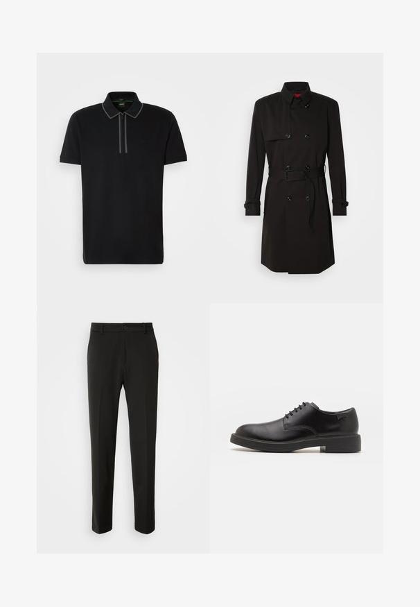 Mustat trench-takit, joissa on kaksirivinen malli, suuret napit, vyötärönauha ja korkea kaulus. Sileä kangas matta pinnalla.; Mustapaita, joka on valmistettu sileästä kankaasta, varustettuna vetoketjukauluksella, lyhyillä hihoilla ja ristikkäisillä harmailla yksityiskohdilla vetoketjun ja kauluksen varrella.; Mustat housut, jotka on valmistettu sileästä kankaasta, suoriin lahkeisiin, nappikiinnitykseen ja klassiseen muotoiluun, sopivat muodollisiin tai vapaa-ajan asuihin.; Mustat nahkasaappaat, joissa on pyöreä kärki, sileä pinta, minimaalinen ommel ja matala kumipohja. Logo kannassa.