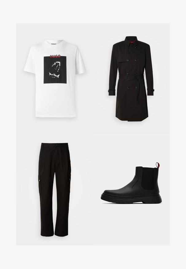 Juodas ilgas paltas su dvigubu užsegimu, didelėmis sagomis, diržu ties juosmeniu ir aukštu apykakle. Lygi medžiaga su matinio paviršiaus apdaila.; Balta medvilninė marškinėliai su dideliu juodu kvadratiniu grafiku, vaizduojančiu stilizuotą burną, ir raudonu tekstu „HUGO“ viršuje.; Juodos krovinių kelnės, pagamintos iš medvilnės, laisvo kirpimo, su šoninėmis kišenėmis, mygtuko uždarymu ir tiesiomis kojomis. Paprastas dizainas, be raštų.; Juodas kulkšninis batas su lygiu paviršiumi, elastiniais šonų intarpais ir kontrastingu raudonu kilimėliu, turintis storą guminį pado ir apvalią nosį.