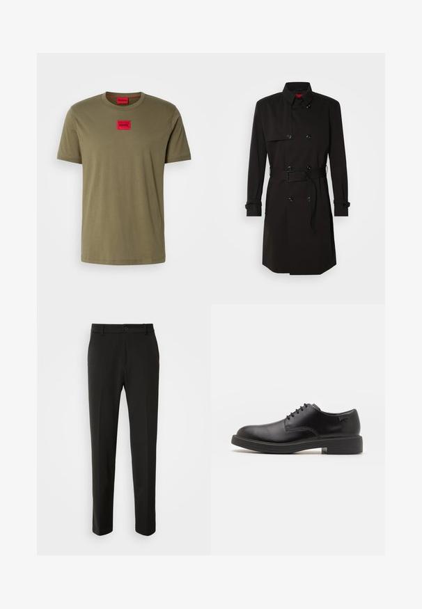 Černý trenčkot s dvouvrstvým designem, velkými knoflíky, páskem v pase a vysokým límcem. Hladká tkanina s matným povrchem.; Olivově zelené bavlněné tričko s kulatým výstřihem, krátkými rukávy a červeným čtvercovým logem na hrudi. Hladká textura.; Černé kalhoty vyrobené z hladkého materiálu, s rovnými nohavicemi, zapínáním na knoflík a klasickým designem vhodným pro formální i neformální nošení.; Černé kožené šněrovací boty s kulatou špičkou, hladkým povrchem, minimálním prošíváním a nízkým gumovým podpatkem. Logo na patě.