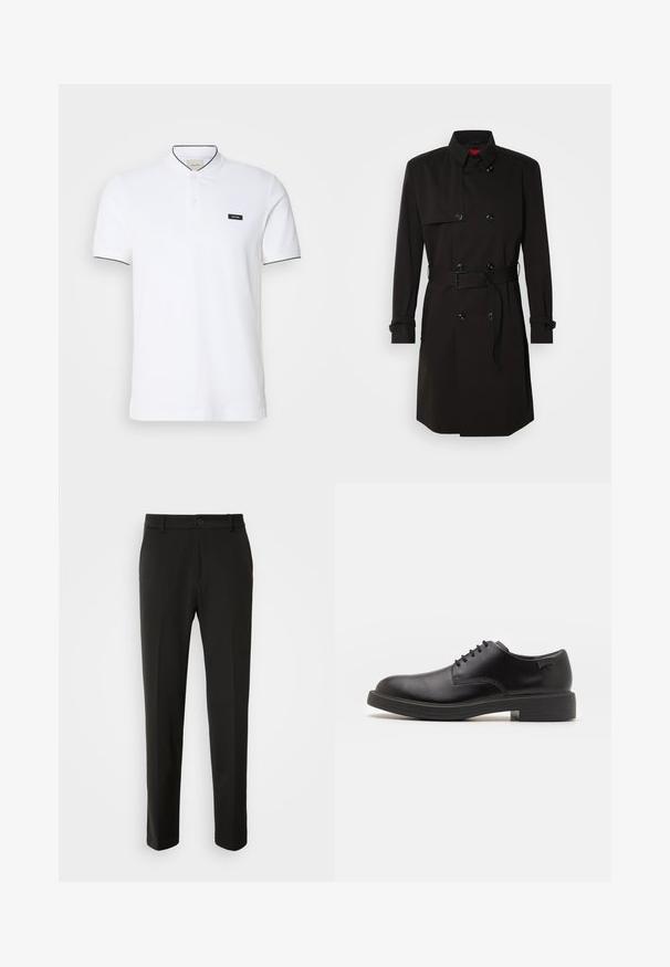 Czarny płaszcz typu trench z podwójnym zapięciem, dużymi guzikami, paskiem w talii oraz wysokim kołnierzem. Gładki materiał o matowym wykończeniu.; Biała koszulka polo z zapinanym kołnierzykiem, czarnym wykończeniem kołnierza i rękawów oraz małą czarną naszywką z logo na lewej piersi.; Czarne spodnie z gładkiego materiału, z prostymi nogawkami, z zapięciem na guzik i klasycznym wzornictwem, odpowiednie zarówno na formalne, jak i codzienne okazje.; Czarny skórzany but za kostkę z okrągłym noskiem, gładką fakturą, minimalnym przeszyciem i niskim gumowym obcasem. Logo na pięcie.