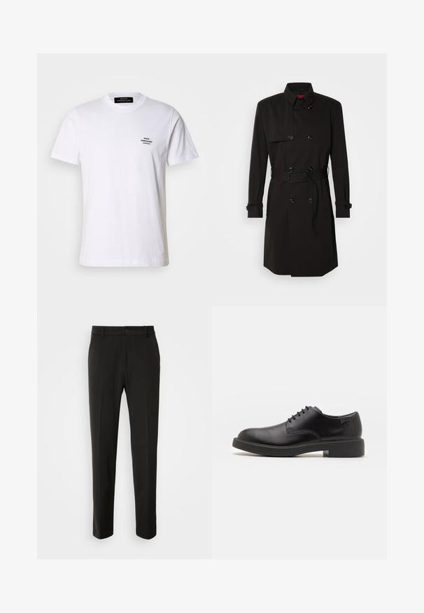 Cappotto lungo nero con design doppiopetto, grandi bottoni, vita con cintura e colletto alto. Tessuto liscio con finitura opaca.; T-shirt bianca in cotone con colletto tondo, maniche corte e un piccolo logo ricamato nero sul lato sinistro del petto. Design semplice e classico.; Pantaloni neri realizzati in tessuto liscio, con gamba dritta, chiusura con bottone e un design classico adatto per abbigliamento formale o casual.; Scarpa nera in pelle con lacci, punta tonda, texture liscia, cuciture minime e tacco in gomma basso. Logo sul tacco.