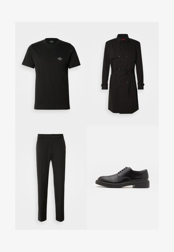 Mustat trench-takit, joissa on kaksirivinen malli, suuret napit, vyötärönauha ja korkea kaulus. Sileä kangas matta pinnalla.; Musta puuvillapaita lyhyillä hihoilla, pyöreällä kaula-aukolla ja pienellä valkoisella logolla vasemmassa rinnassa. Tasainen pinta ja klassinen malli.; Mustat housut, jotka on valmistettu sileästä kankaasta, suoriin lahkeisiin, nappikiinnitykseen ja klassiseen muotoiluun, sopivat muodollisiin tai vapaa-ajan asuihin.; Mustat nahkasaappaat, joissa on pyöreä kärki, sileä pinta, minimaalinen ommel ja matala kumipohja. Logo kannassa.
