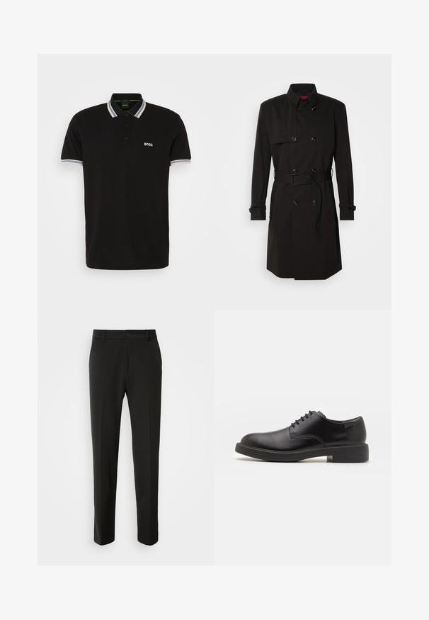 Juodas ilgas paltas su dvigubu užsegimu, didelėmis sagomis, diržu ties juosmeniu ir aukštu apykakle. Lygi medžiaga su matinio paviršiaus apdaila.; Juoda polo marškinėlių su medvilnės mišiniu, su trimis sagomis, gumburuotais apykaklėmis ir dryžuotais akcentais ant rankovių. Yra logotipas ant krūtinės.; Juodi kelnes, pagamintos iš lygaus audinio, su tiesiomis kojomis, mygtuko uždarymu ir klasikiniu dizainu, tinkamu tiek formaliai, tiek kasdienei aprangai.; Juodas odinis batų modelis su raišteliais, apvaliu nosiu, lygiu paviršiumi, minimaliai siuvinėjimu ir žemu guminėmis pakulne. Ant pakulnės šalia logo.