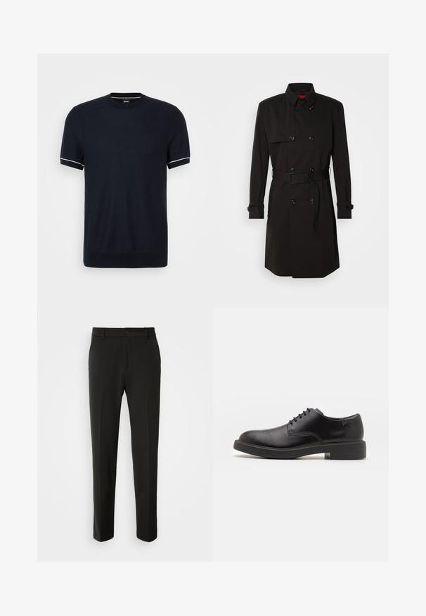 Fekete trench kabát, dupla gombos dizájnnal, nagy gombokkal, övvel ellátott derékkal és magas gallérral. Simább anyag, matt felülettel.; Sötétkék, rövid ujjú pulóver, kerek nyakkivágással és fehér csíkokkal a mandzsettákon. Simává szőtt textúra, testhezálló fazon.; Fekete nadrág sima szövetből, egyenes lábakkal, gombos záródással és klasszikus designnal, amely alkalmas formális vagy hétköznapi viseletre.; Fekete bőrcipő, kerek orrú, sima felületű, minimális varrással és alacsony gumitalppal. Logó a sarokrészen.