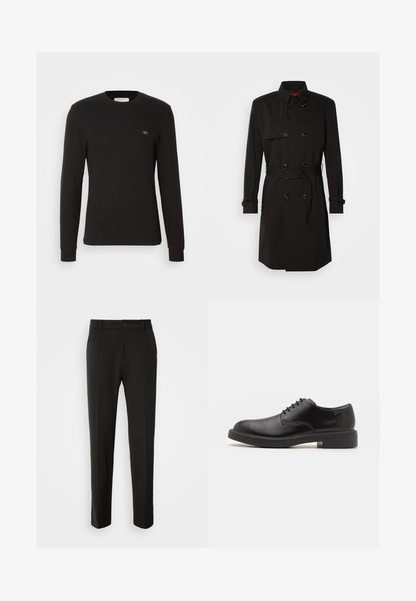 Mustat trench-takit, joissa on kaksirivinen malli, suuret napit, vyötärönauha ja korkea kaulus. Sileä kangas matta pinnalla.; Musta pitkähihaista paitaa ribbimäisestä kankaasta. Ominaisuuksiin kuuluu pyöreä kaula-aukko ja pieni logopatch vasemmassa rinnassa, sekä tiukat hihat.; Mustat housut, jotka on valmistettu sileästä kankaasta, suoriin lahkeisiin, nappikiinnitykseen ja klassiseen muotoiluun, sopivat muodollisiin tai vapaa-ajan asuihin.; Mustat nahkasaappaat, joissa on pyöreä kärki, sileä pinta, minimaalinen ommel ja matala kumipohja. Logo kannassa.